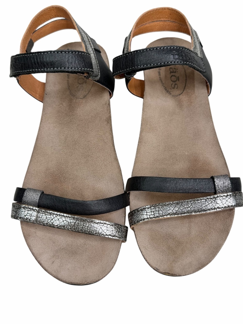 TAOS Gala Sandals Black Silver Leather Ankle Strap Wedge Women’s 39/8-8.5